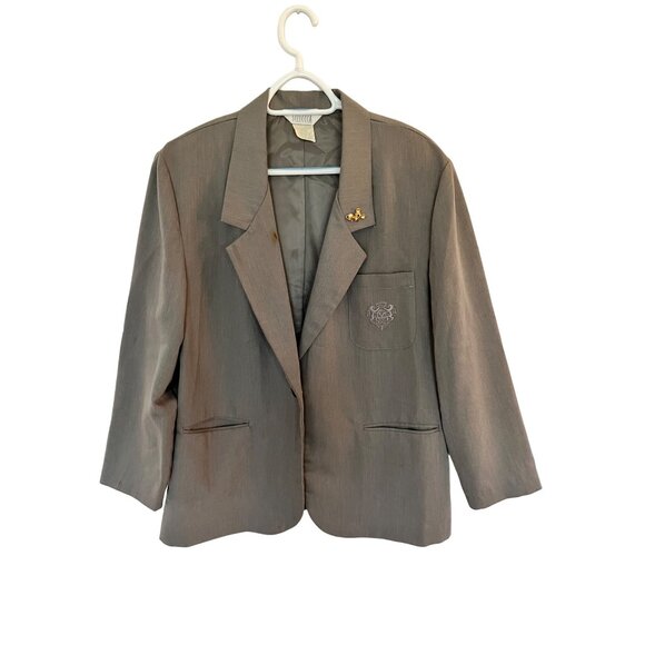 VINTAGE Sellecca Womens Light Gray Blazer Jacket with Embroidered Crest SZ 12P - Picture 1 of 9